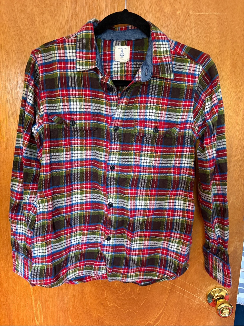 Lands' End Men's Red, Green & Blue Plaid Button-Down Flannel Shirt